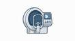 © Ray - Stylized illustration of a modern ophthalmology machine. The light gray and blue device features a headrest, a large scanning unit, and a control panel with a screen for eye exams.