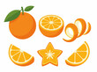 © Zejun - An artistic display of orange fruit showcasing whole, sliced, and peeled segments, emphasizing vibrant colors and highlighting the beauty of this juicy citrus fruit.