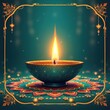 © Maryna - Single lit diya sits on ornate mandala. Festive teal background with gold border. Bright flame glows warmly. Diwali holiday symbol. Culture, tradition, light.