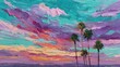 © Luminaqua - Desert at sunset oil painting purple teal clouds palm trees foreground loose brushwork soft color scheme