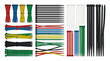 © Ray - Collection of multicolored plastic cable ties (zip ties) in various sizes and quantities, bundled and loose, against a white background.