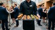 © FrameFlow - Server holding slate tray, carrying diverse appetizers to guests, catering service, corporate function hall, lifestyle photography