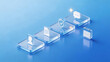 © Art_spiral - 3d isometric customer onboarding journey illustration with user profile document verification secure approval communication and scheduling steps on transparent glass panels
