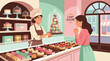 © Liutao - A delightful pastry shop scene featuring an array of colorful desserts, including macarons and cakes, with a smiling baker presenting a masterpiece to a captivated customer.