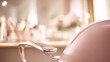 © Sylvia - Chic beauty salon setup featuring a contemporary chair and mirror in pastel pink tones, expressing luxury and calm aesthetics, designed for property listings and lifestyle interiors.