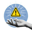 © SumitraRani - A hand reaching out to a warning sign with an exclamation mark on a blue circle background isolated on transparent background