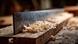 © Ivy - jointer. Close-up of a woodworking blade pressing against a wooden board, creating shavings. safety posters, maintenance manuals, designed for precision metalworking and fabrication facilities.
