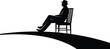 © Md - Seated person silhouette, relaxed posture, wooden chair, hat figure, peaceful mood, curved surface design, black and white illustration