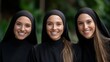 © Larisa AI - The image presents three joyful women wearing matching black outfits, showcasing smiles and togetherness, radiating positivity and a sense of connection among friends.
