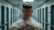 © Larisa AI - A military soldier walks away down a long, narrow corridor, embodying discipline, duty, and the quiet strength found within the walls of service and commitment.