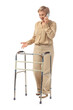 © Pixel-Shot - Mature woman with walking frame talking by mobile phone on white background