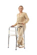 © Pixel-Shot - Mature woman with walking frame on white background