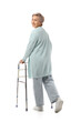 © Pixel-Shot - Mature woman using walker on white background, back view