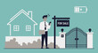© wiratno - Confused realtor checking phone outside house for sale with low battery icon