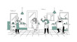 © Esther_Design - Diverse barbershop scene with stylists cutting and styling hair for clients