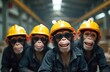 © Vadym - Four chimpanzees wearing yellow hard hats, sunglasses stand in factory. They appear to be workers, possibly in manufacturing or construction, with humorous, anthropomorphic portrayal of work team.