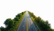 © Vadym - Straight empty asphalt highway road goes to horizon between green grassy hills and trees. Dual carriage way with yellow center line, white lane markers under bright sky.