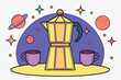 © Minara - Yellow coffee maker with purple cups and planets