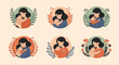 © Fery - Set of 6 Flat Illustrations of Mother Hugging Baby with Floral Wreaths; Motherhood and Parenting Icons for Greeting Cards and Social Media