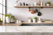 © Kahartakhassus - A blurry kitchen scene with a marble countertop in focus, leading to a blurred backdrop of shelves and cookware