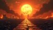 © Pete - Apocalyptic city burns under a fiery sun. A cracked stone path leads through destruction and debris. Smoke fills the orange sky. The world ends in a desolate wasteland, intense heat.
