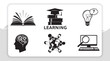 © MD SHORIF UDDIN - Collection of diverse black and white silhouette icons illustrating the multifaceted journey of learning, knowledge acquisition, research, and global interconnectedness in education and intellect