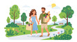 © Music_A - A charming couple strolls hand in hand through a summer park, depicted in a flat vector illustration, while they carry a grocery bag brimming with picnic supplies, enjoying a joyful date amid a