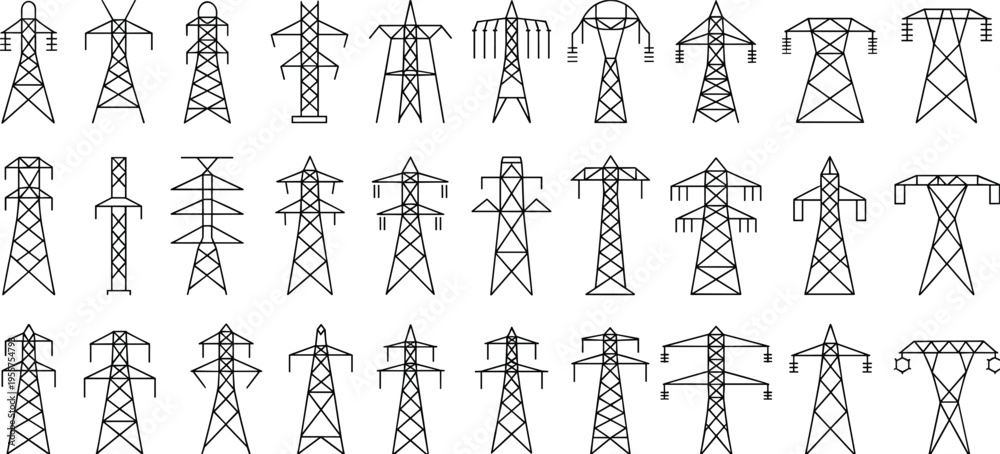 Electric power transmission tower icon set, electricity pylon vector ...