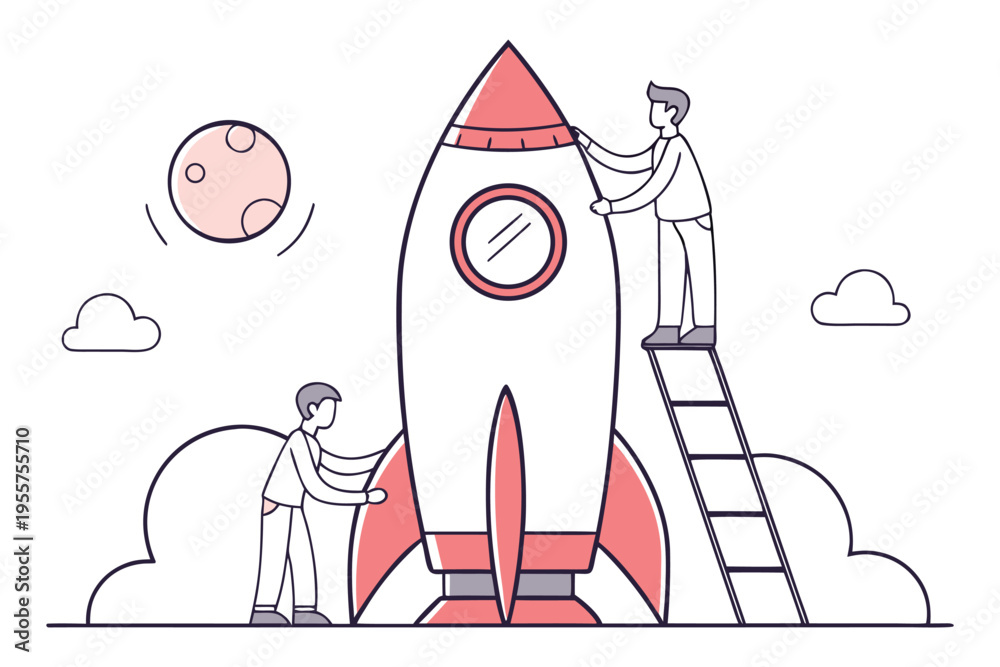 tiny people building giant rocket illustration set, startup launch ...