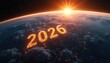 © Viktor - Earth glows with city lights below as sun rises over clouds in space, year 2026 appears in golden numbers. Global new year celebration, future vision, progress and planning.
