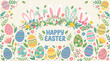 © krisnanto - Vibrant Happy Easter greeting card illustration featuring colorful decorated eggs, a charming floral wreath, and adorable bunny ears, perfect for spring holiday celebrations