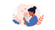© Brandon - Loving mother tenderly holding her happy baby in a warm embrace surrounded by soft decorative leaves and floating heart icons.