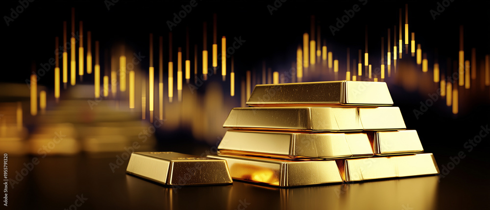 Stacked gold bars on reflective surface with stock market chart ...
