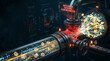 © SenpaiNoticeMe - Digital data flow bottleneck in a futuristic industrial pipeline system with glowing elements.