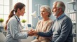 © Farhan - Kind female doctor holding hands with senior couple during consultation in clinic providing support and geriatrics care.