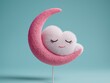 © mizanur_pro - Cute fluffy pink heart-shaped cloud character peacefully sleeping nestled inside a textured crescent moon on blue.