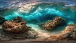 © lail - Underwater panorama view of ocean waves and coral rocks in sunlight