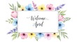 © Eleandra - Watercolor floral welcome april banner with spring flowers and handwritten text