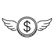 © Sujon - Minimalist black line vector icon of a dollar coin with wings on a white background, representing an angel investor, financial freedom, wealth, or fast money transfer in a clean outline illustration
