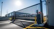 © Digitalogika Studio - A modern security gate and barrier arm control access to a large industrial or business facility under a bright sky.