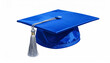 © soyibakter - Bright blue graduation cap with silver tassel and gold band detail on white