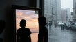 © LaLuna Cake - A solitary figure stands before a mirror, reflecting a serene sunset over a body of water, contrasting with the rainy cityscape outside
