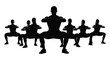 © Shahzad - Black silhouette of diverse group of people exercising doing squats in fitness class on white background for healthy lifestyle concept