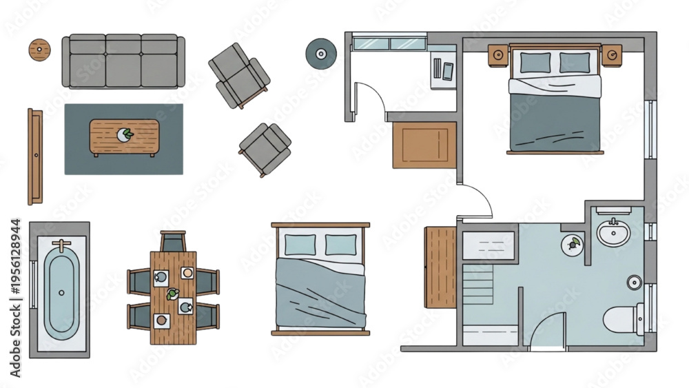 The interior design plan shows a modern apartment's floor layout and ...