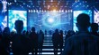 © BLESSING - Crowd silhouetted at tech conference, large screen with geometric network design, vibrant blue lighting