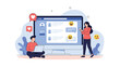 © Chloe - Young man and woman interact with social media profile and chat interface displayed on giant desktop monitor screen.