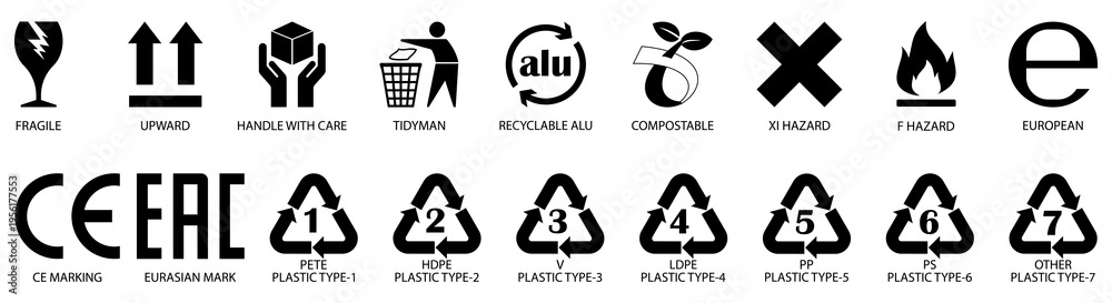 packaging handling symbols, fragile sign, keep dry, recycle mark ...
