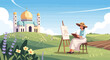 © amel - Artist painting outdoors in a scenic landscape.