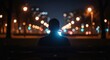 © Nikita - Man sitting on bench at night using smartphone. Rear view of guy looking at glowing mobile phone screen in city park. Urban street lighting blur and bokeh background. Digital connection.