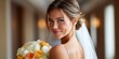 © NovaVision - Beautiful bride with blue eyes and a bouquet of flowers smiles over her shoulder